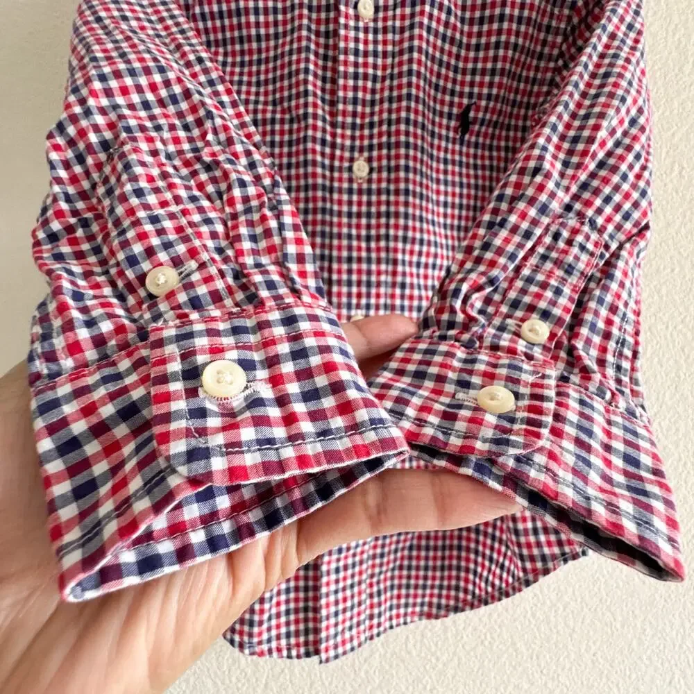 Ralph Lauren 3/3T Button-Down Shirt Red Blue Gingham Plaid Long Sleeve Cotton